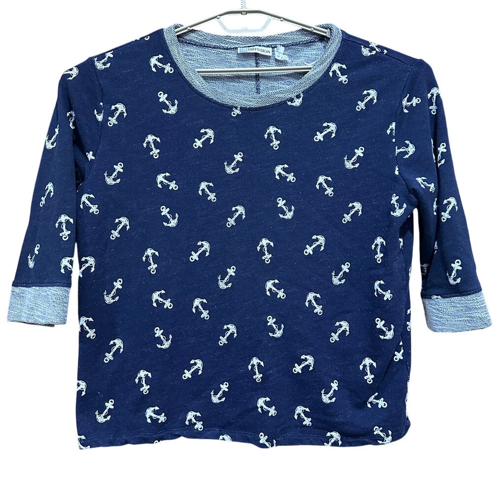IB Diffusion Sweatshirt XL Blue Anchor Pullover 3/4 Sleeve Cotton Blend Coastal